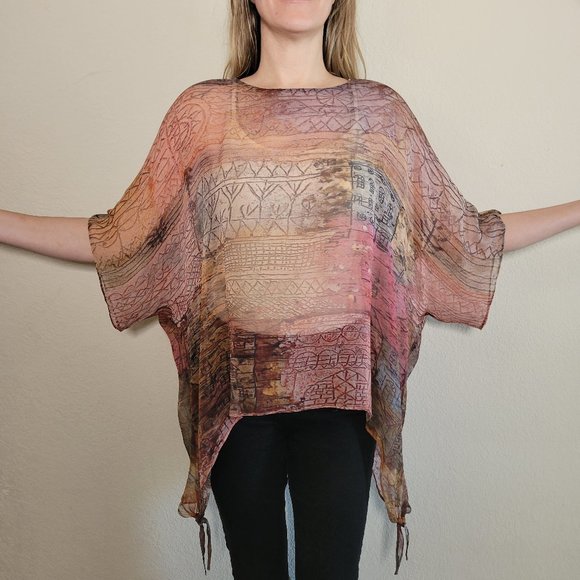 Cocoon House 100% Silk Top One Size OS Poncho Wrap Sheer Tunic Small Medium Lg - Picture 4 of 11